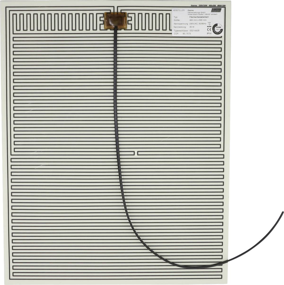 Een flexibel gedrukt verwarmingsmat met een verbonden zwarte kabel en etiket in de rechterbovenkant.