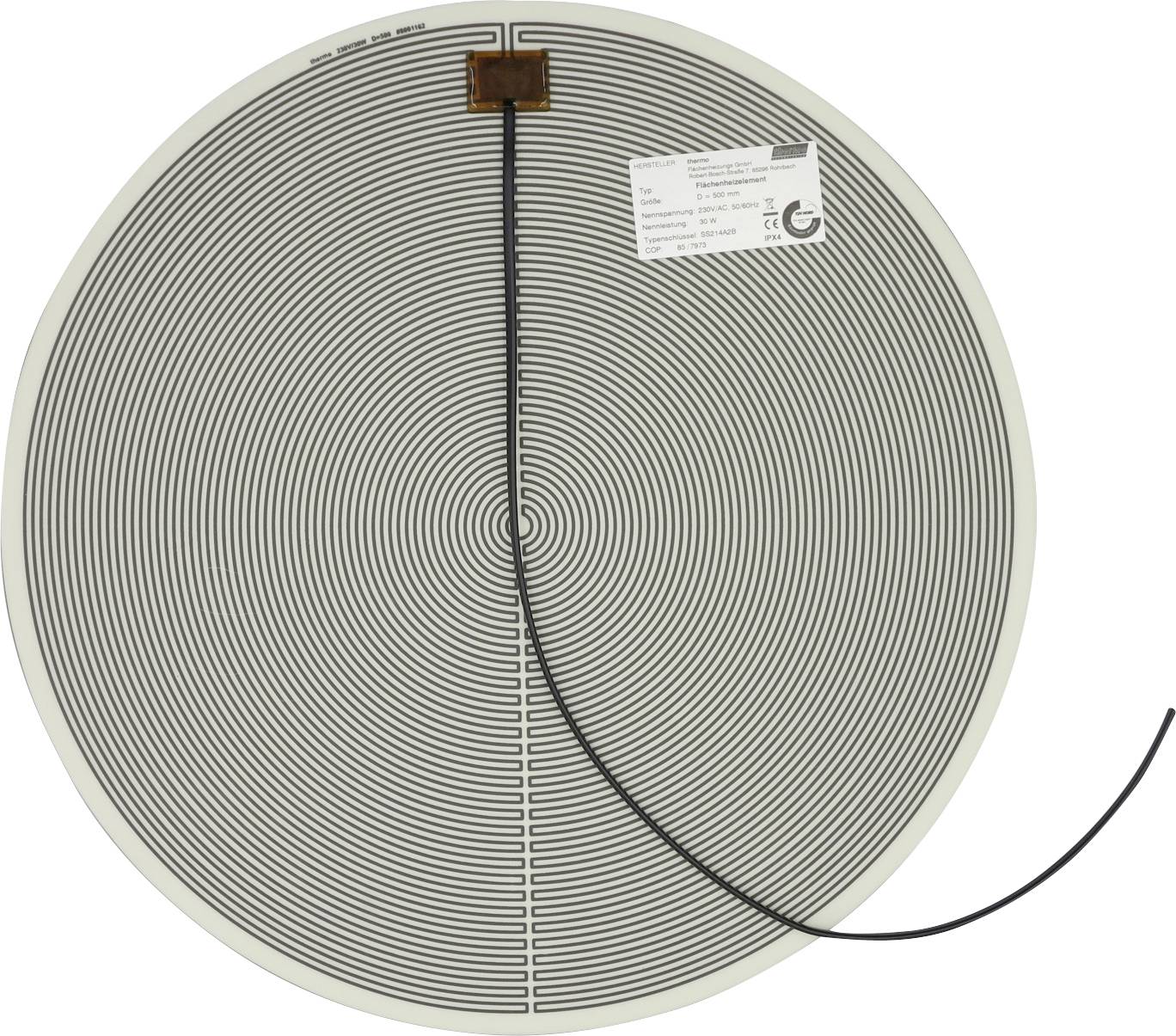 Circulair inductief oplaadkussen met een zwarte kabel eraan bevestigd, getoond van bovenaf op een witte achtergrond.