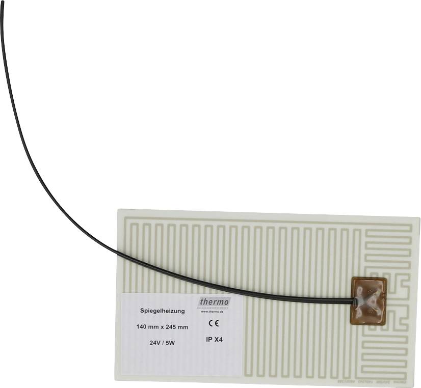Rechthoekige spiegel-verwarmingsmat met een zwarte stroomkabel bevestigd aan één hoek en een label met '140 mm x 245 mm', '24 V / 5 W', 'IP X4'.
