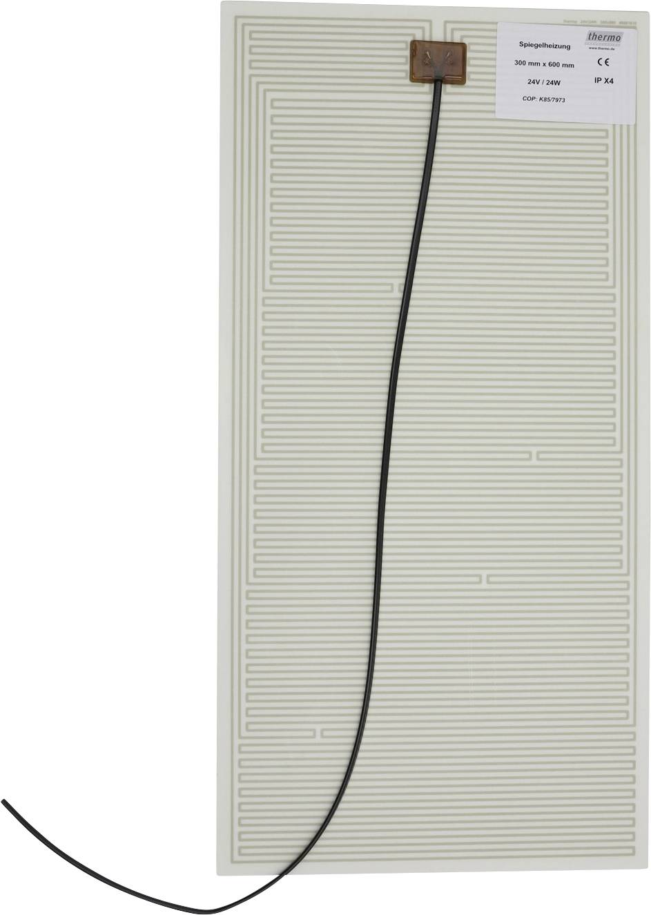 Rechthoekige transparante verwarmingsmat met een zwart stroomsnoer en connector bovenaan.