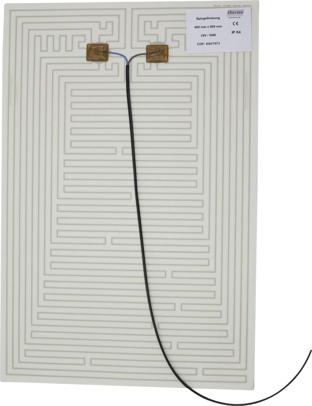 Rechthoekige RFID-antennespoel op een witte ondergrond, met twee koperen contactpads aan de bovenkant en een zwarte leiddraad eraan bevestigd.