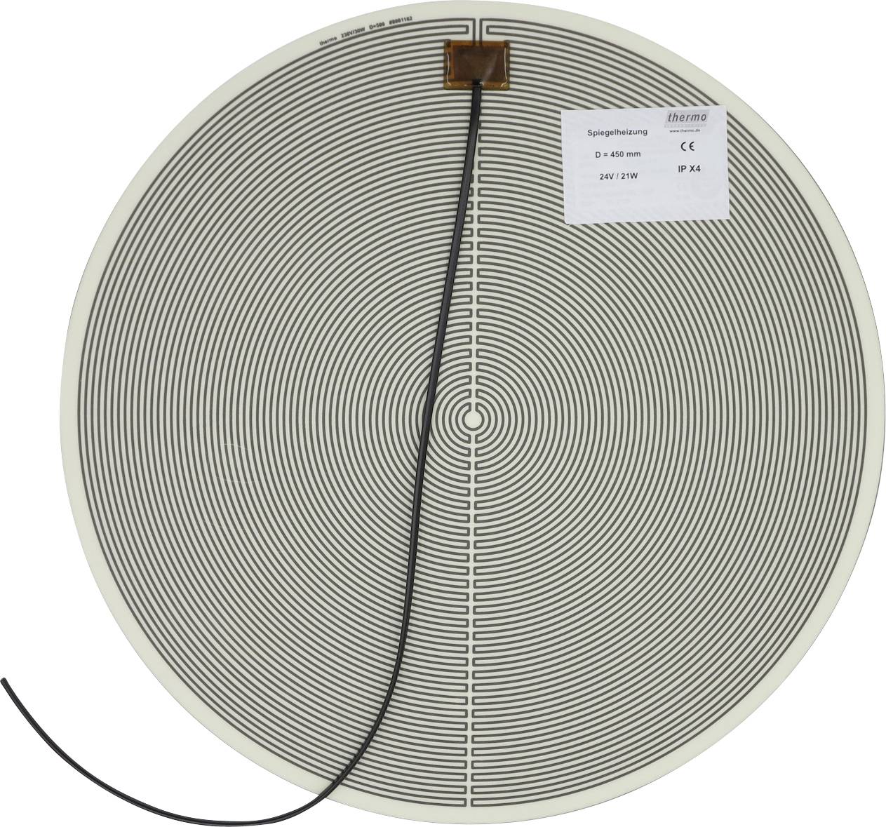 Circulaire industriële verwarmingsmat met strak opgerold spiraalpatroon en aangesloten stroomkabel, geëtiketteerd Thermo, D 450 mm, 24V/21W, IP 34.