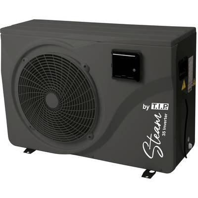 Donkergrijs T.I.P. 'Steam' 35 Inverter warmtepomp unit met groot voorrooster en zijdeel bedieningspaneel, weergegeven op witte achtergrond.