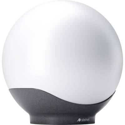 Witte bolvormige wandlamp met een donkere gebogen basis met het label 'steinel' op een effen achtergrond.