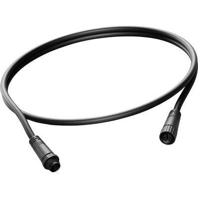 Zwart opgerold kabel met ronde connectoren aan beide uiteinden, weergegeven tegen een witte achtergrond.