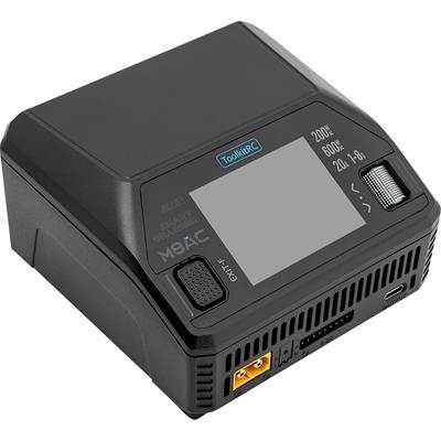 Zwarte ToolkitRC batterijlader en stroombeheerder met een scherm, regelknop en aansluitingen aan de voorkant