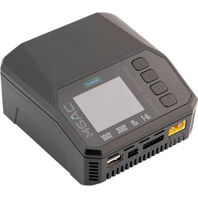 ToolkitRC elektronische batterijlader met display, bedieningsknoppen en meerdere poorten op een witte achtergrond.