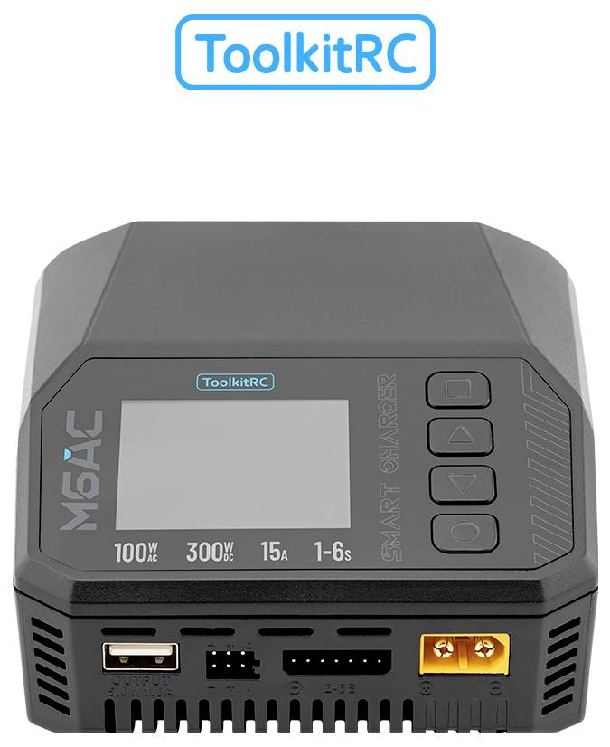ToolkitRC M6AC slimme lader met klein display en bedieningsknoppen, weergegeven vooraanzicht met stroomtoevoer- en batterijpoorten.