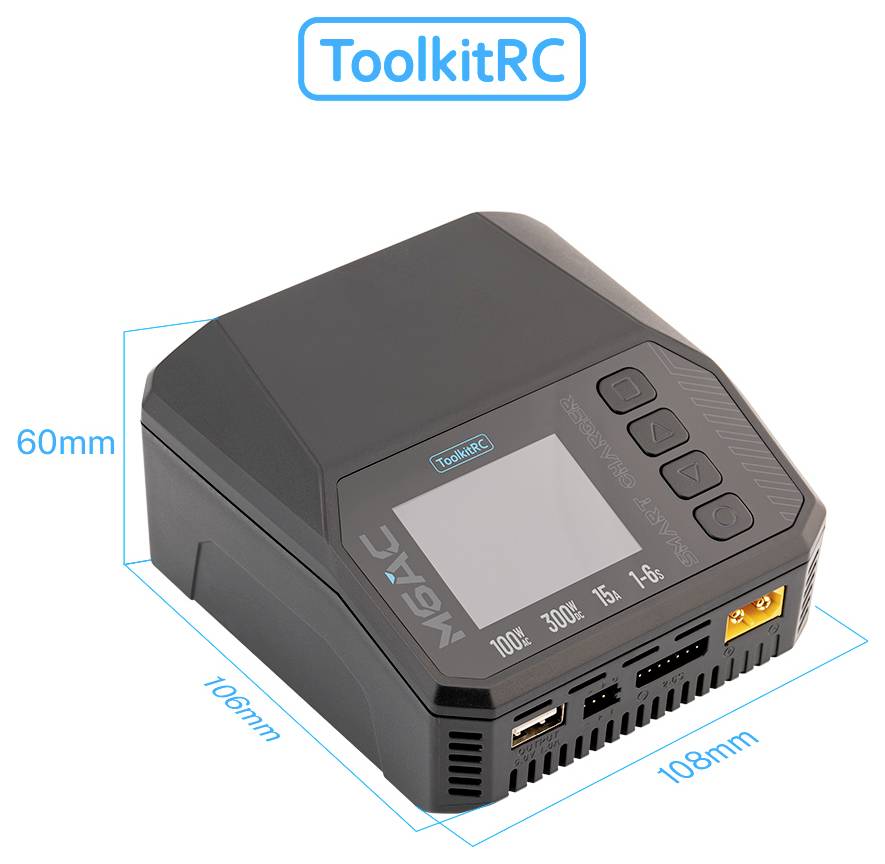 ToolkitRC K6S-lader weergegeven in 3D met afmetingen aangegeven: 60mm hoog, 106mm diep en 108mm breed.