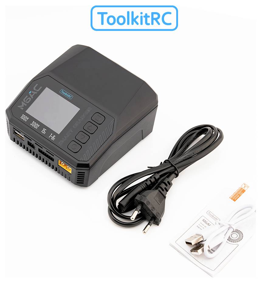ToolkitRC batterijlader met netsnoer en USB-kabel op een witte achtergrond.