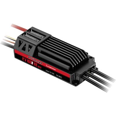 Zwarte elektronische snelheidsregelaar met koelvinnen en aangesloten draden, weergegeven op een witte achtergrond.
