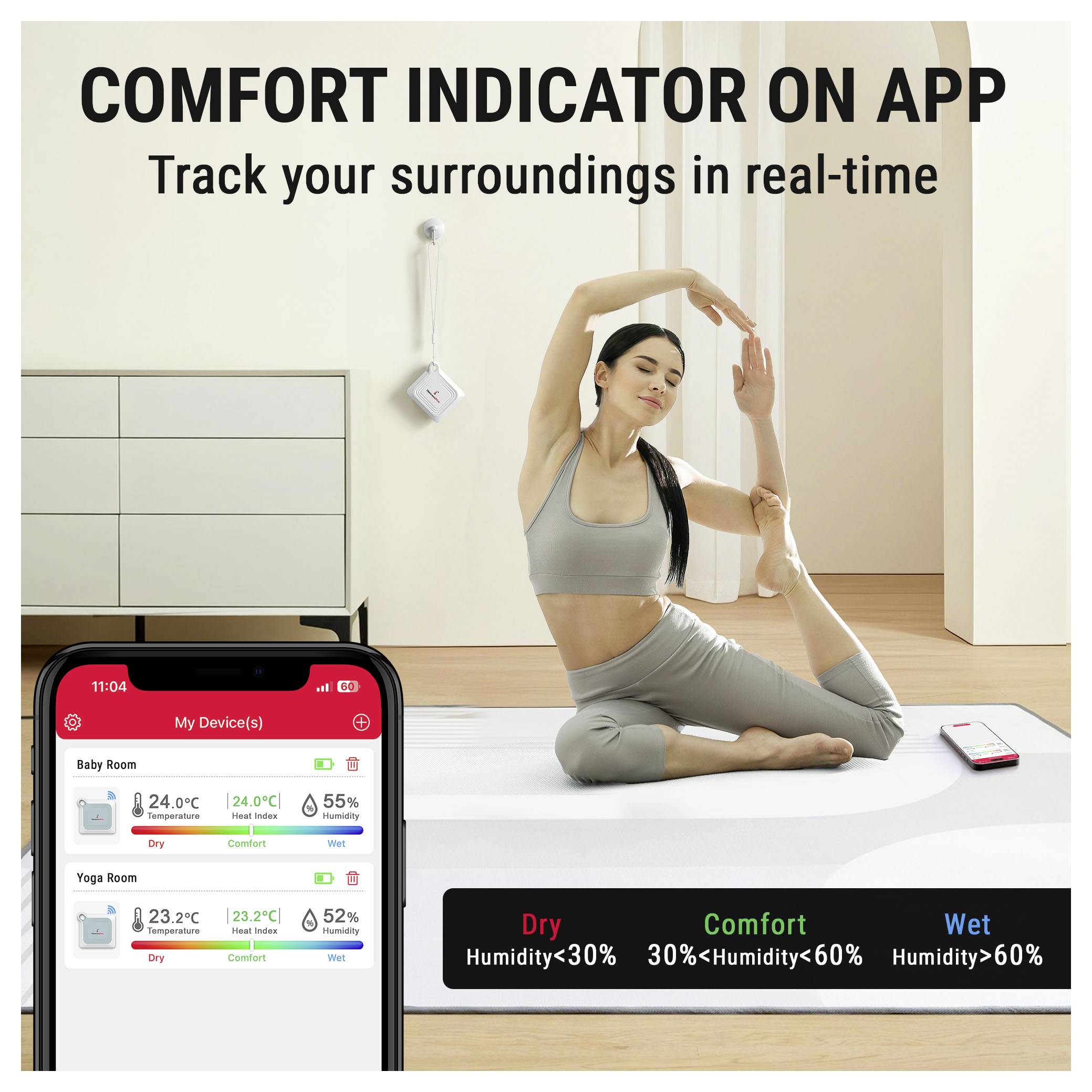Promotieafbeelding voor een comfortindicator-app: een vrouw doet yoga terwijl een telefoon-app de kamertemperatuur en luchtvochtigheid bewaakt, waarbij de omstandigheden worden gelabeld als Droog, Comfortabel of Nat.