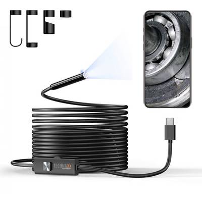 Opgerolde inspectiecamera met verlichte sonde en monitorkabel, plus ingezoomde close-up van de binnenkant van de buis voor inspectie van afvoer- of ventilatieleiding.