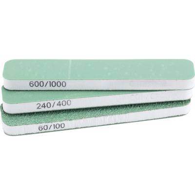 Stapel van drie groene schuurpads met labels 600/1000, 240/400 en 60/100.