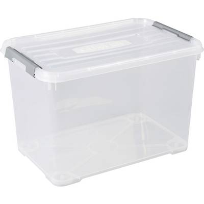 Doorzichtige plastic opslagbak met een inklapbaar deksel en grijze zijsluitingen.
