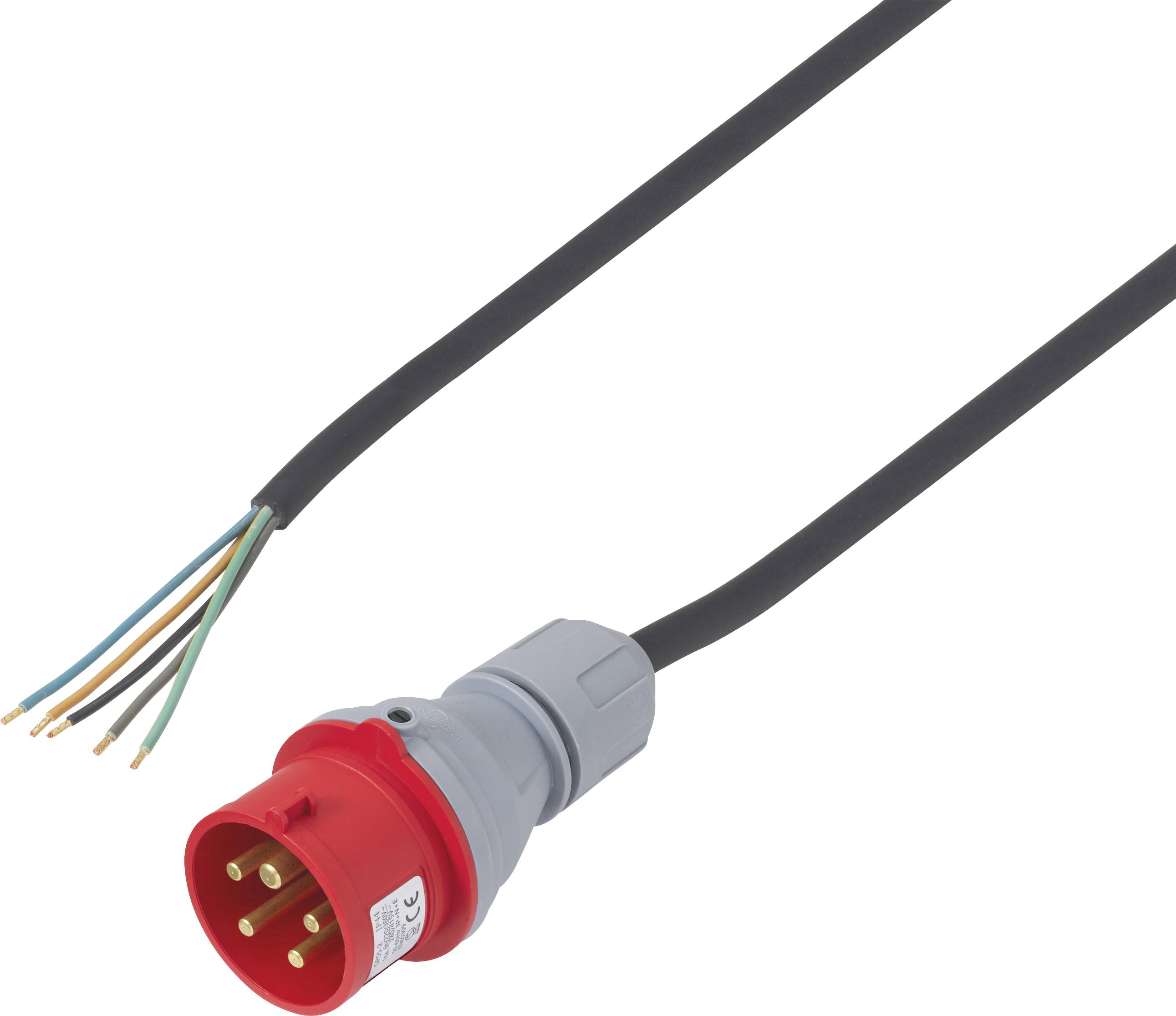 Rode industriële stroomkabel met een rode 3-pins stekker en blootgestelde kleurcoderingskabels aan het andere uiteinde.