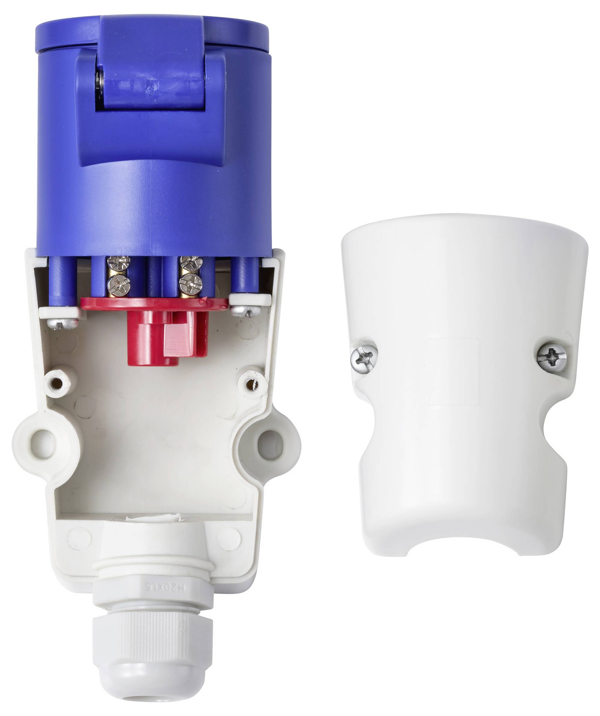 Split-view productafbeelding van een blauwe industriële stekkerconnector: linkerkant toont de interne bedrading en witte kabelwartel, rechterkant toont de losse witte buitenbehuizing.