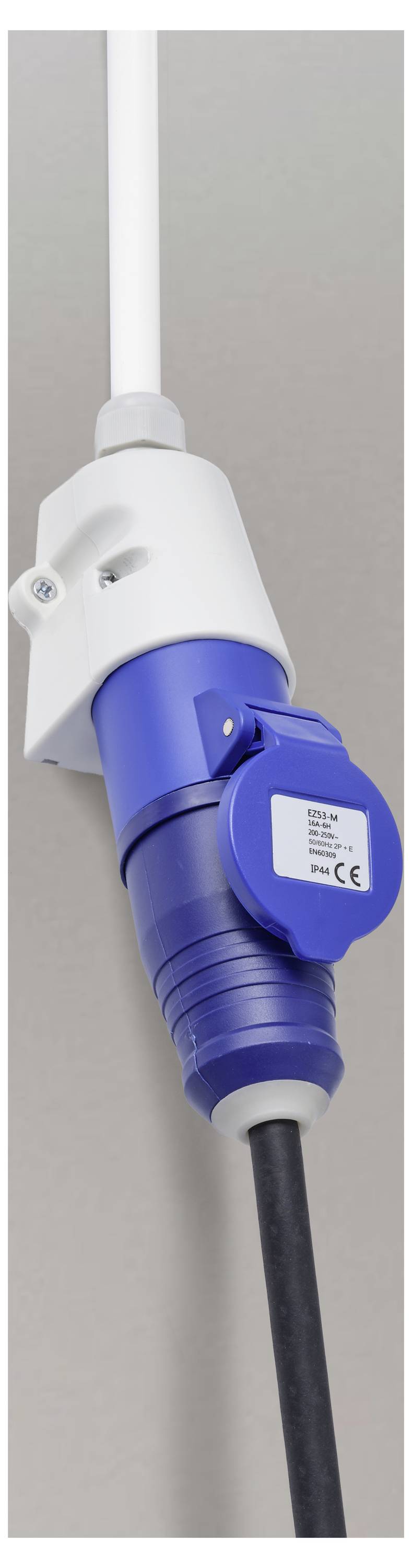 Close-up van een blauwe industriële elektrische stekker aangesloten op een aan de muur gemonteerde witte contactdoos op een kabelgoot.