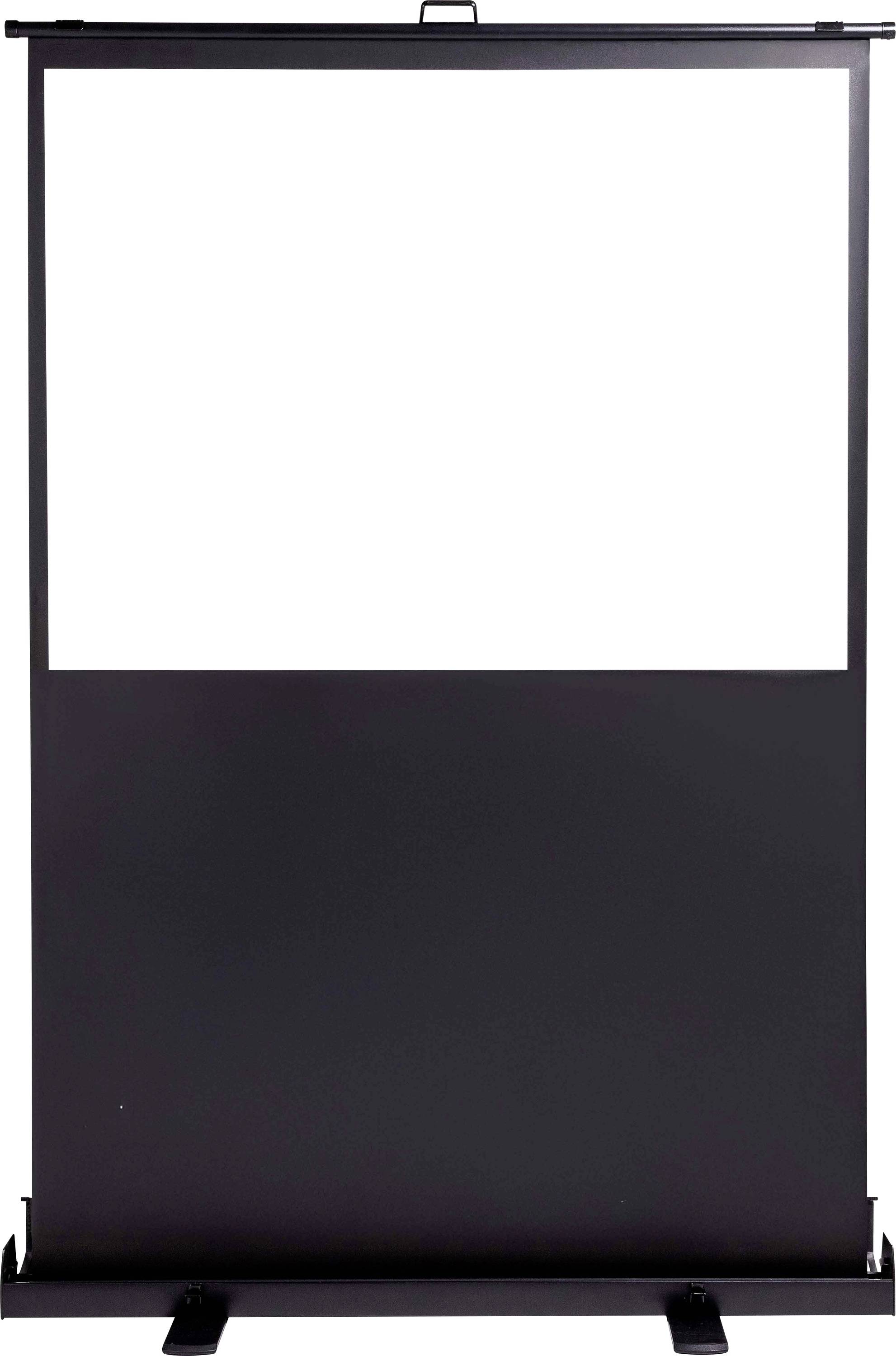 Draagbaar projectorscherm met een witte bovenkant en zwarte onderkant, weergegeven op een statief.