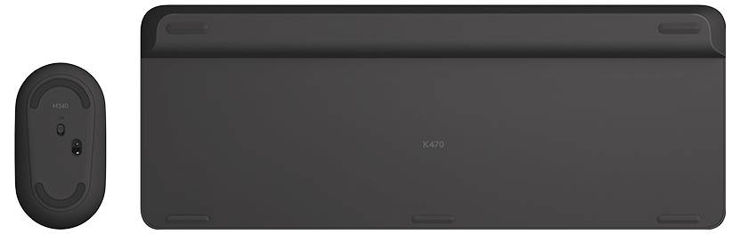 Zwart Logitech K470 draadloos toetsenbord met bijpassende muis, van achteren afgebeeld op een witte achtergrond.