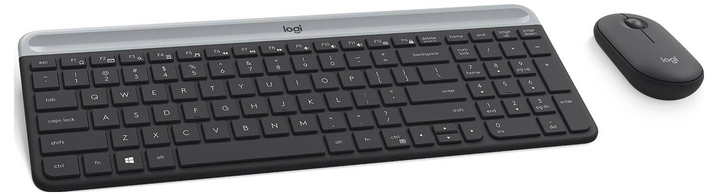 Draadloos Logitech-toetsenbord met numpad en bijpassende muis op een witte achtergrond.