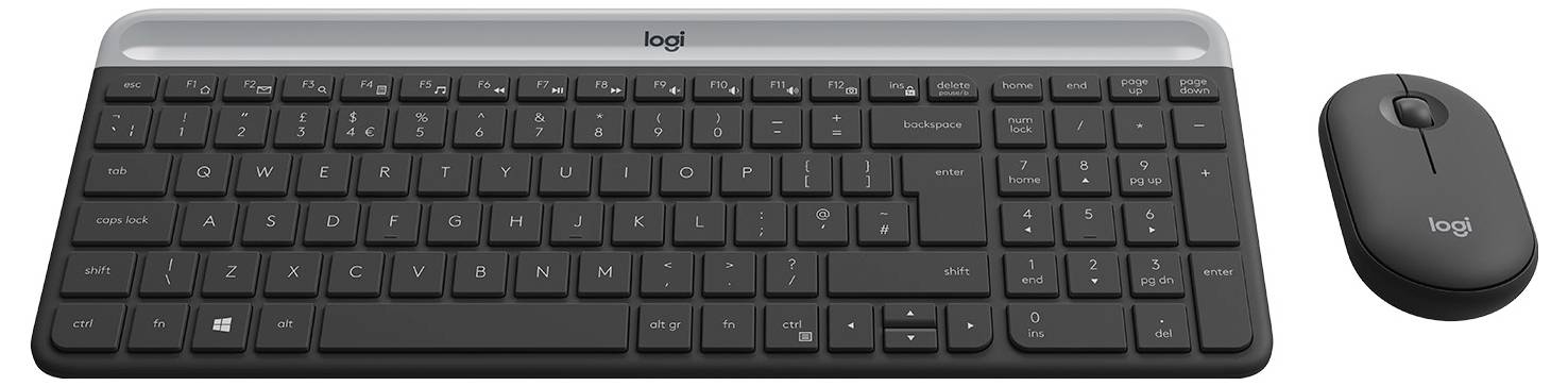 Draadloos Logitech toetsenbord en muisset in donkergrijs, weergegeven naast elkaar op een witte achtergrond.
