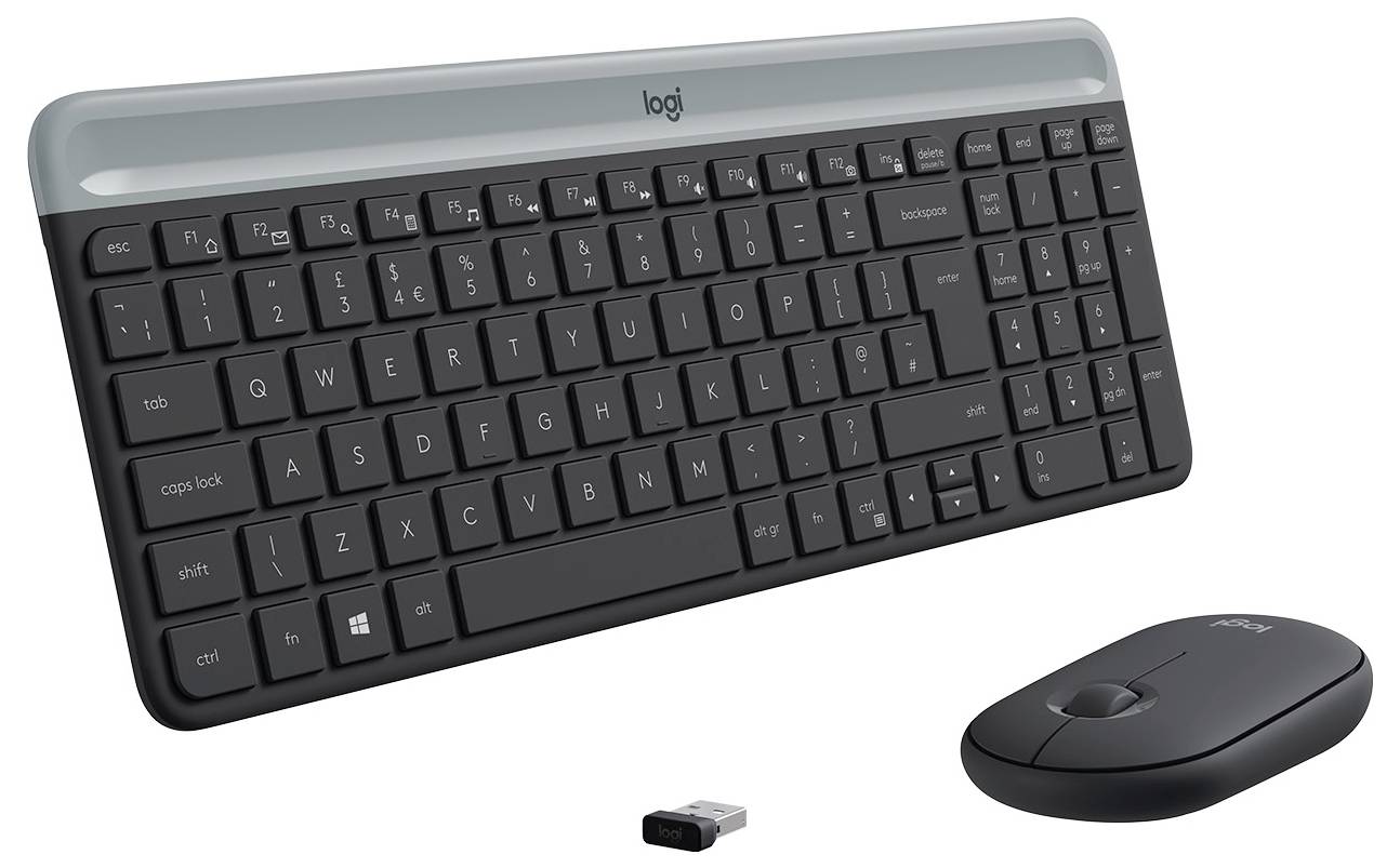 Draadloos Logitech-toetsenbord- en muisset met USB-ontvanger weergegeven op een witte achtergrond.