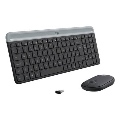 Draadloos Logitech toetsenbord- en muisset met een USB-ontvanger, afgebeeld op een witte achtergrond.