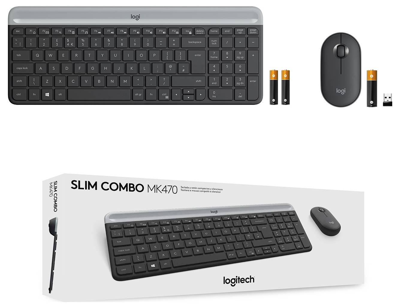 Logitech Slim Combo MK470 draadloze toetsenbord- en muisset met USB-ontvanger en batterijen, afgebeeld met productdoos.