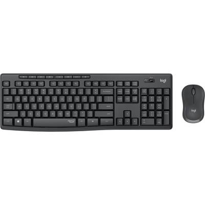 Zwart Logitech draadloos toetsenbord en muisset weergegeven op een witte achtergrond