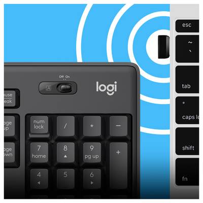 Close-up van een Logitech draadloos toetsenbord en nummerblok, met de aan/uitschakelaar en toetsen zichtbaar tegen een blauwe achtergrond met witte concentrische bogen.