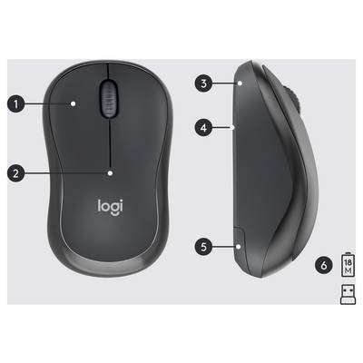 Gelabeld diagram van een Logitech draadloze muis met voor- en zijkanten met genummerde verwijzingen voor knoppen, scrollwiel en USB-ontvanger; pictogram met 18 maanden batterijduur weergegeven.