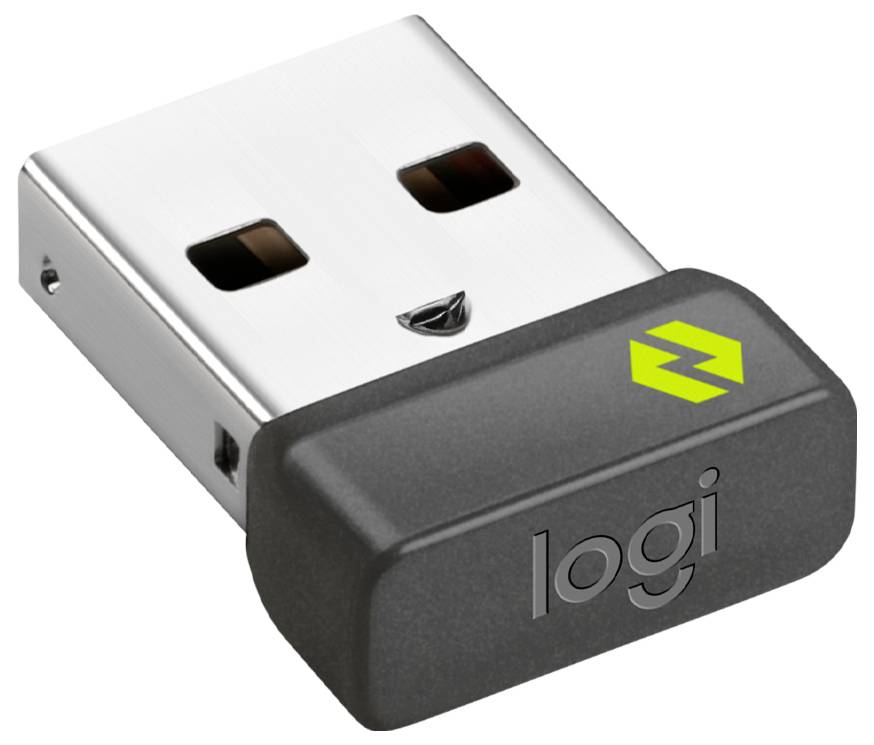 Logi draadloze USB-ontvanger dongle met zwarte dop en zilveren USB-stekker.