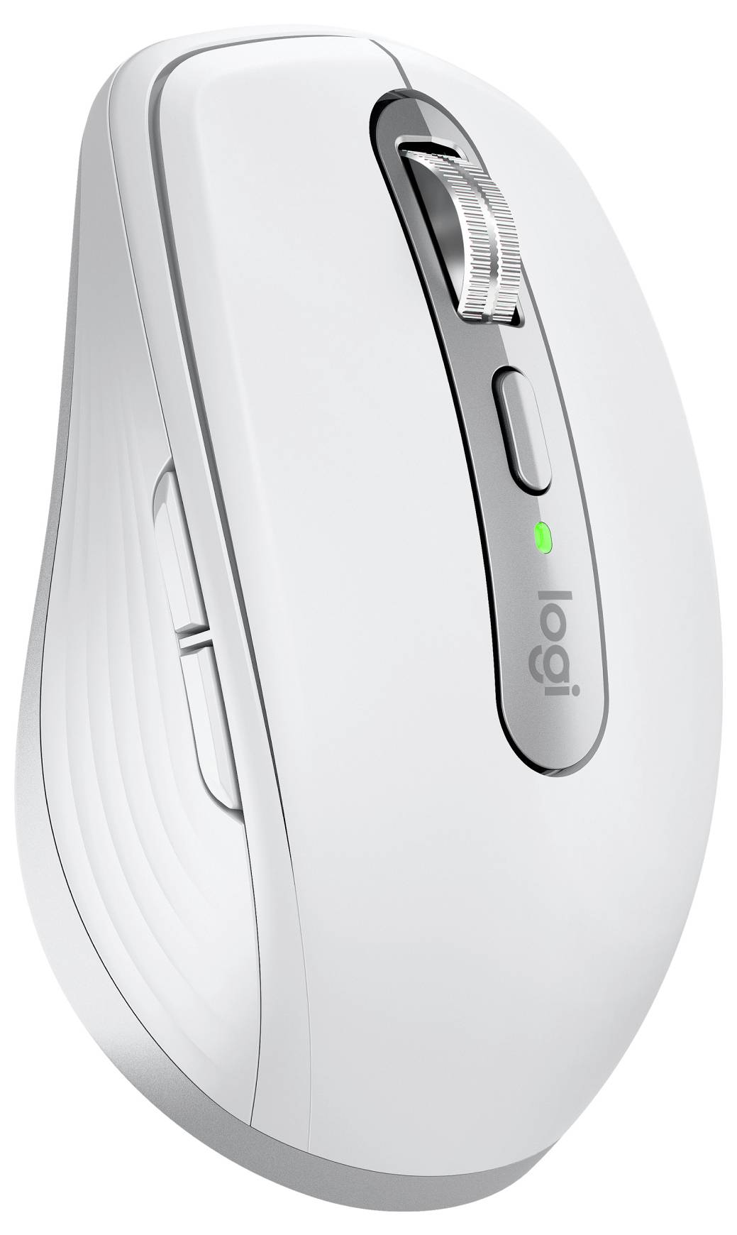 Witte Logitech draadloze muis met schuifwiel, zijknoppen en groen statuslampje op een eenvoudige achtergrond.