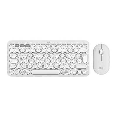 Wit Logitech draadloos toetsenbord en muisset weergegeven op een eenvoudige achtergrond.