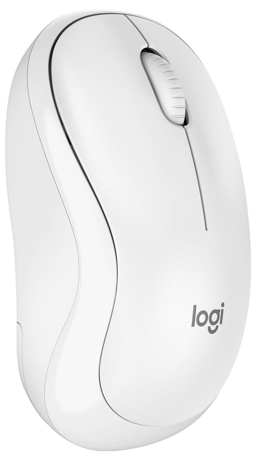 Witte draadloze Logitech-computermuis met scrollwiel en 'logi'-logo, weergegeven op een eenvoudige achtergrond.
