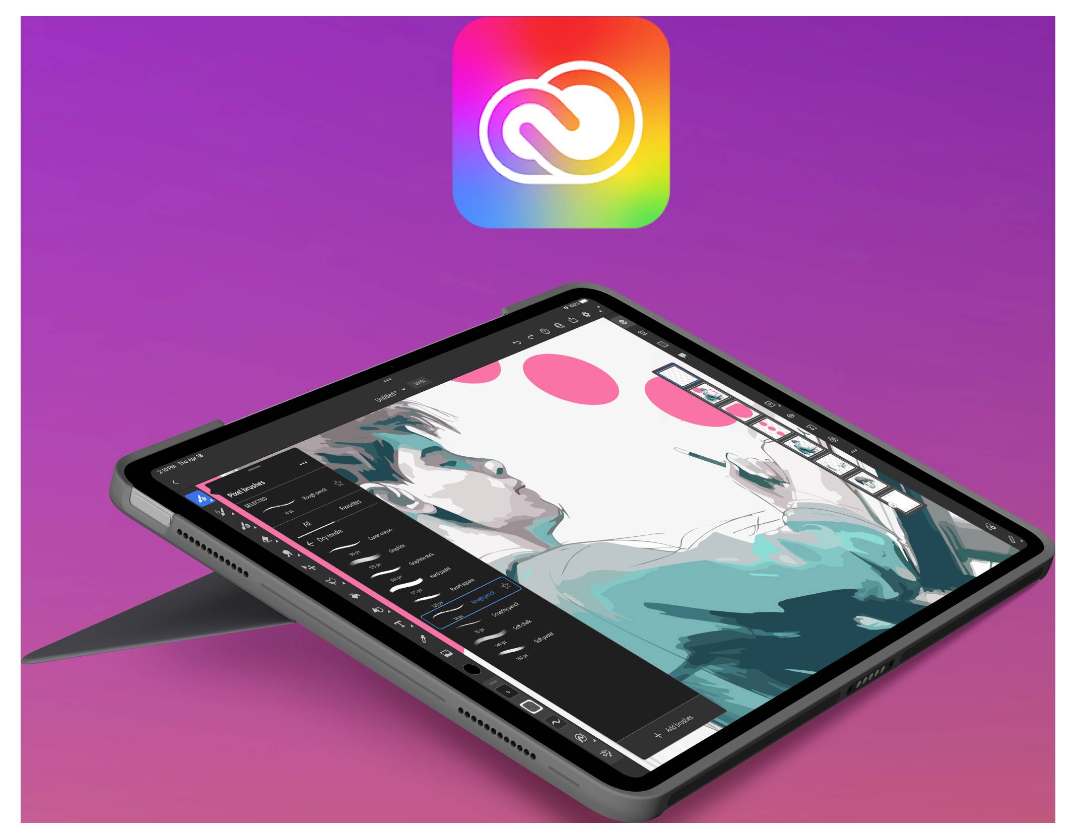 Adobe Creative Cloud-logo boven een gekantelde tablet die een digitale illustratieapp weergeeft met een gestyleerde karaktertekening op het scherm.