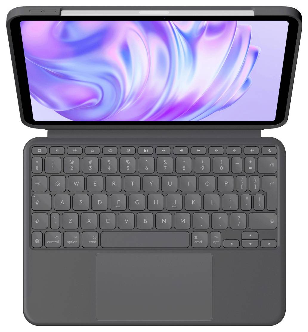 Tablet met afneembaar toetsenbordkasje, weergegeven open met scherm met een paars abstract achtergrond.