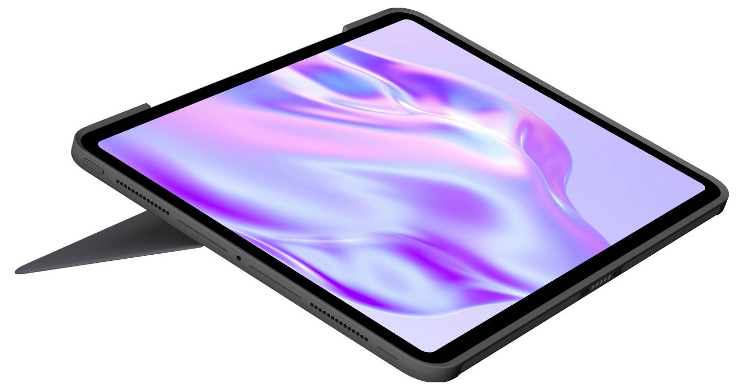 Een zwarte tablet in een beschermhoes met een uitgeklapte standaard, weergegeven onder een hoek met een kleurrijk abstract scherm display.