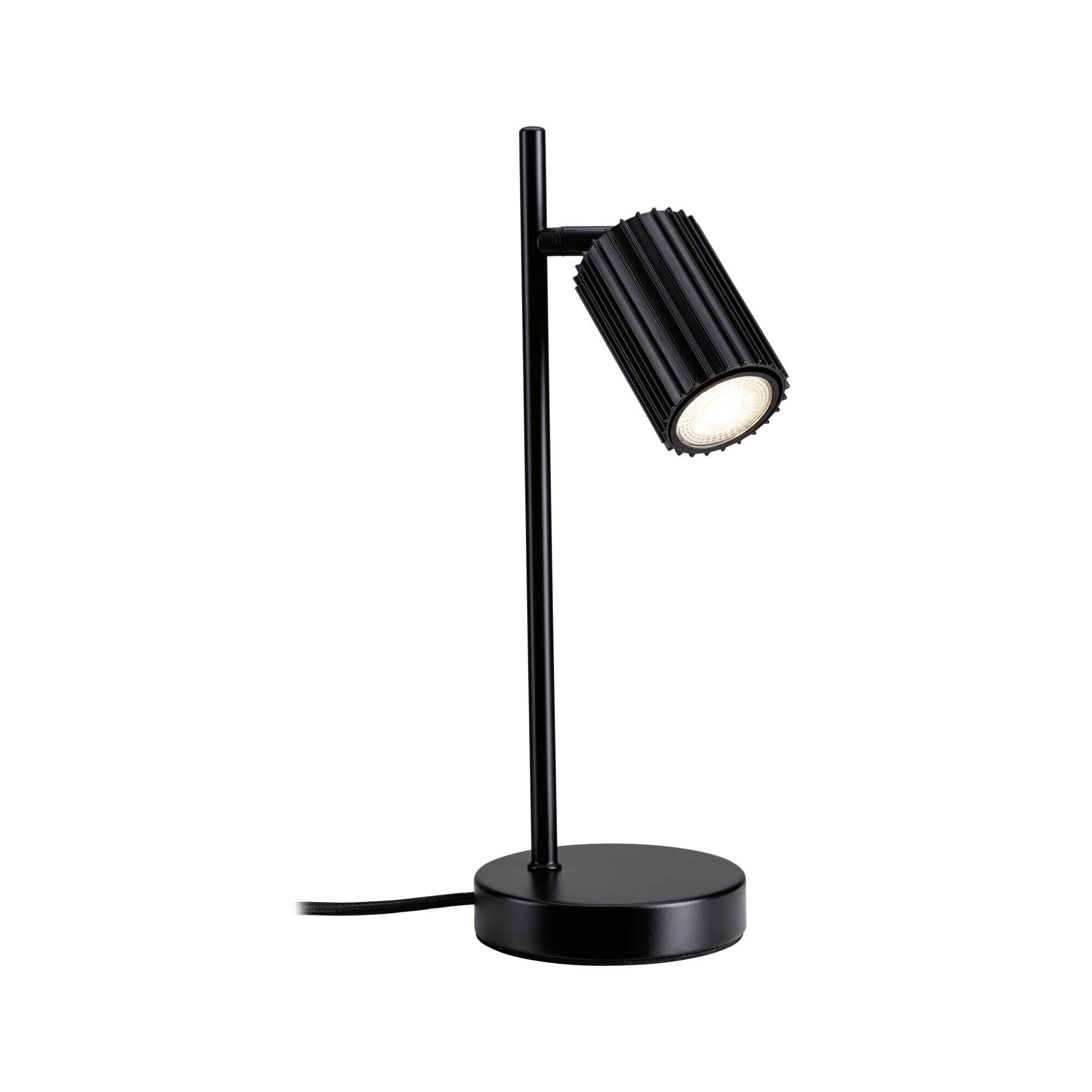 Zwarte verstelbare bureaulamp met ronde voet en geribbelde cilindrische spotlightkop op een witte achtergrond.