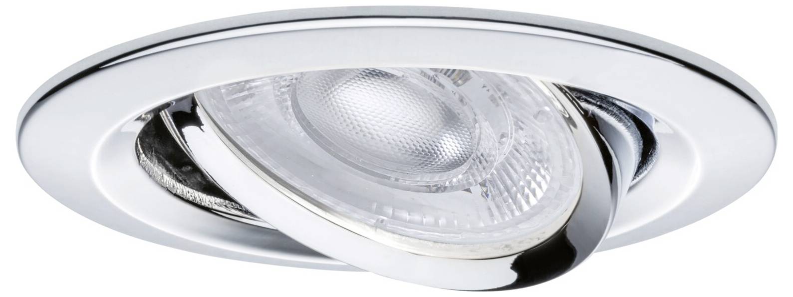 Chroom ingebouwde plafondspot met kantelbare verstelbare lamp en reflecterende rand.