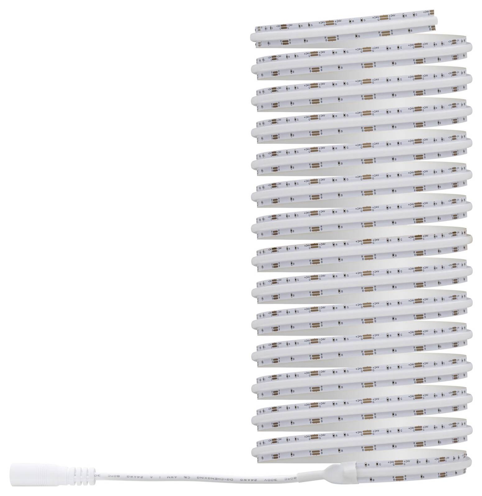 Een stapel witte LED-lichtstrips met één strip uitgebreid aan de onderkant op een effen witte achtergrond.