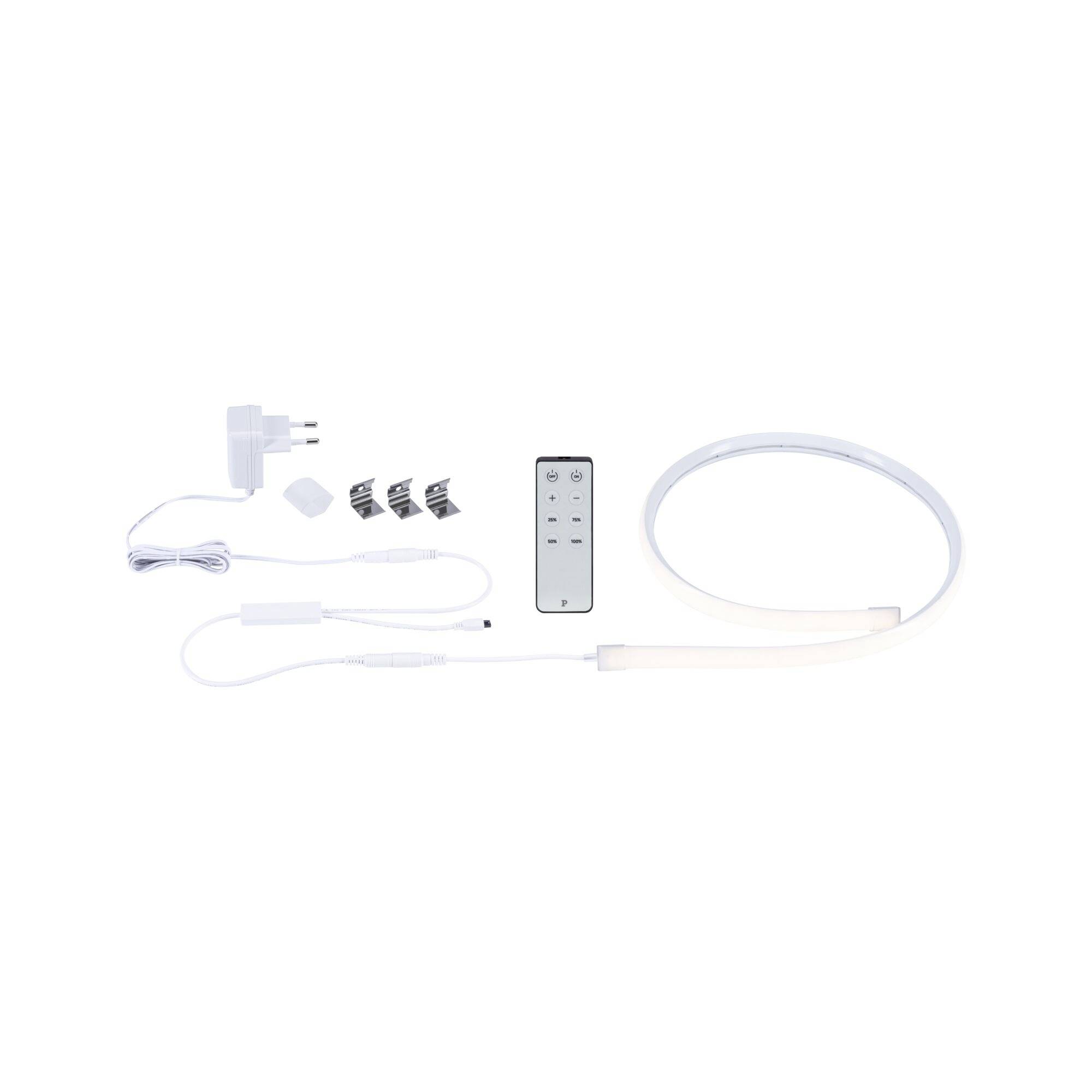 LED-lichtstrip-set met voeding, afstandsbediening, connectoren en opgerolde lichtstrip op een witte achtergrond.