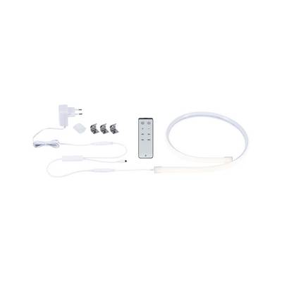 LED-lichtstrip-set met voeding, afstandsbediening, connectoren en opgerolde lichtstrip op een witte achtergrond.