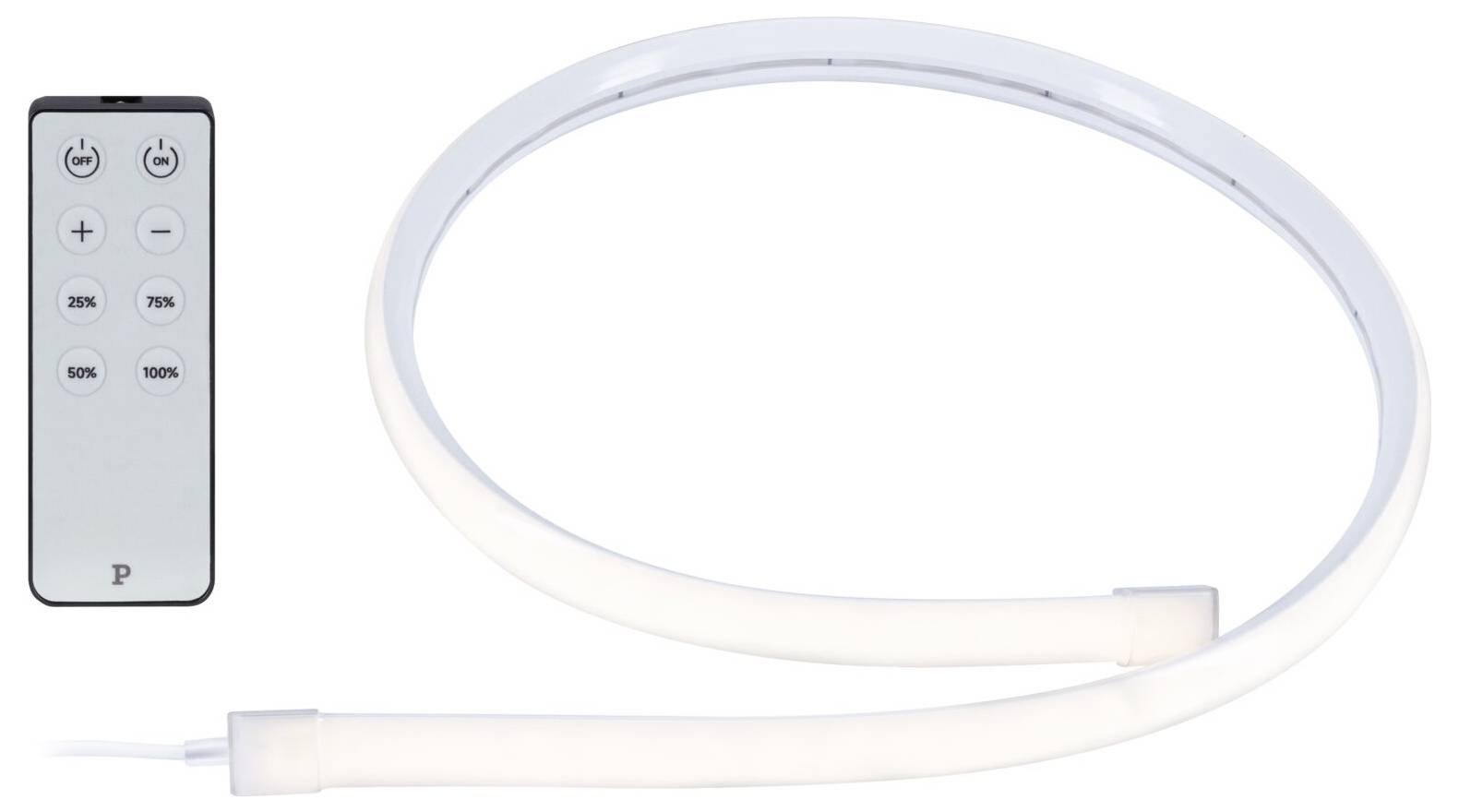 Flexibele witte LED-lichtstrip weergegeven met een afstandsbediening voor aan/uit, helderheid en timerinstelling.
