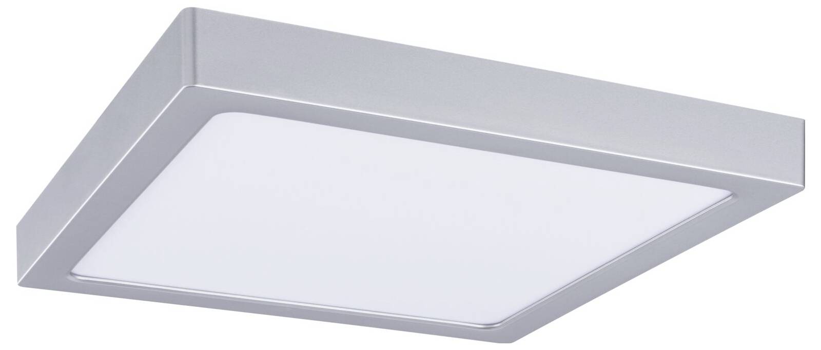 Modern vierkante witte LED-plafondlamp met zilveren rand, getoond op een witte achtergrond.