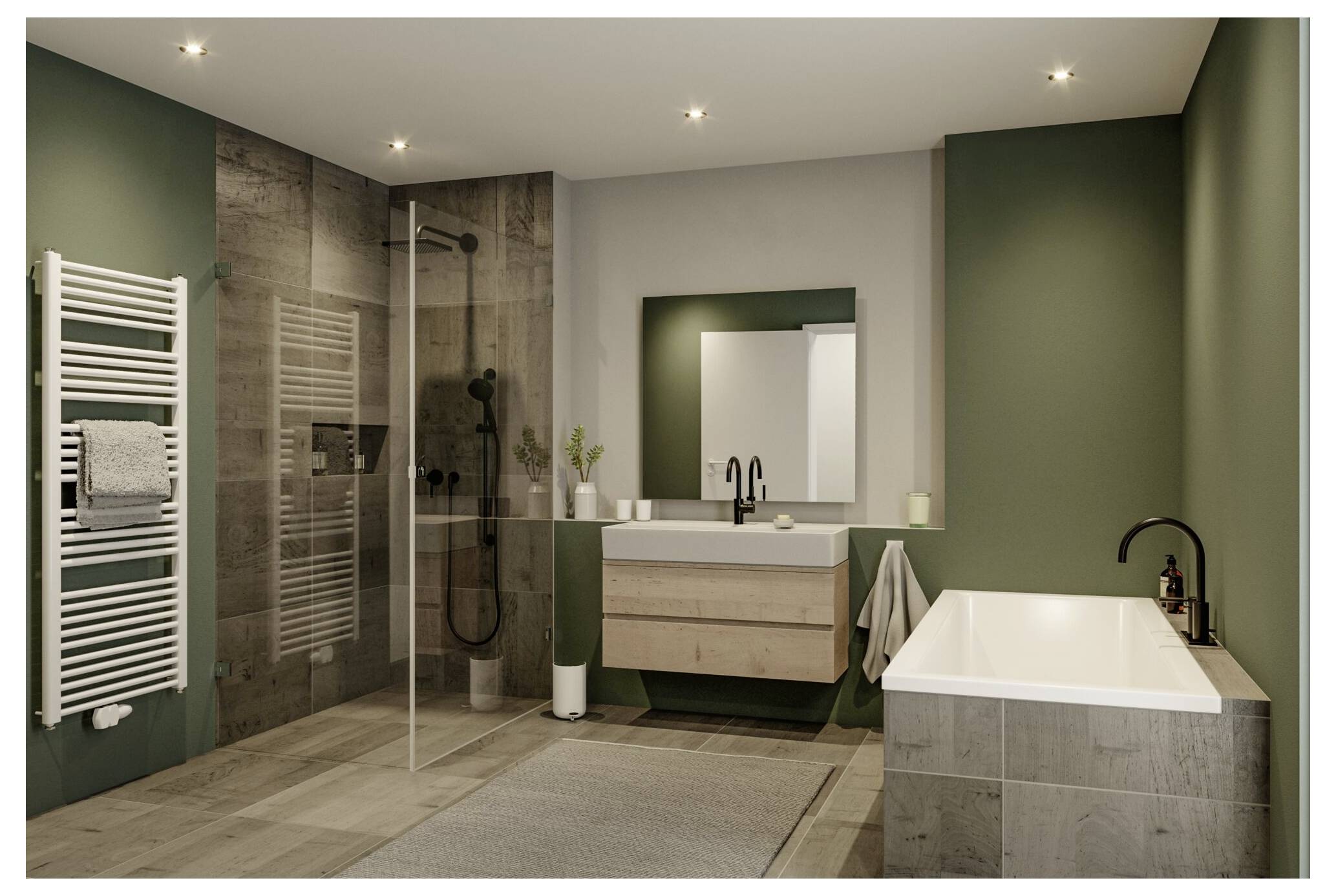 Modern badkamer met inloopdouche, wastafel met meubel, spiegel, vrijstaand bad en handdoekwarmers in groene en houttinten.