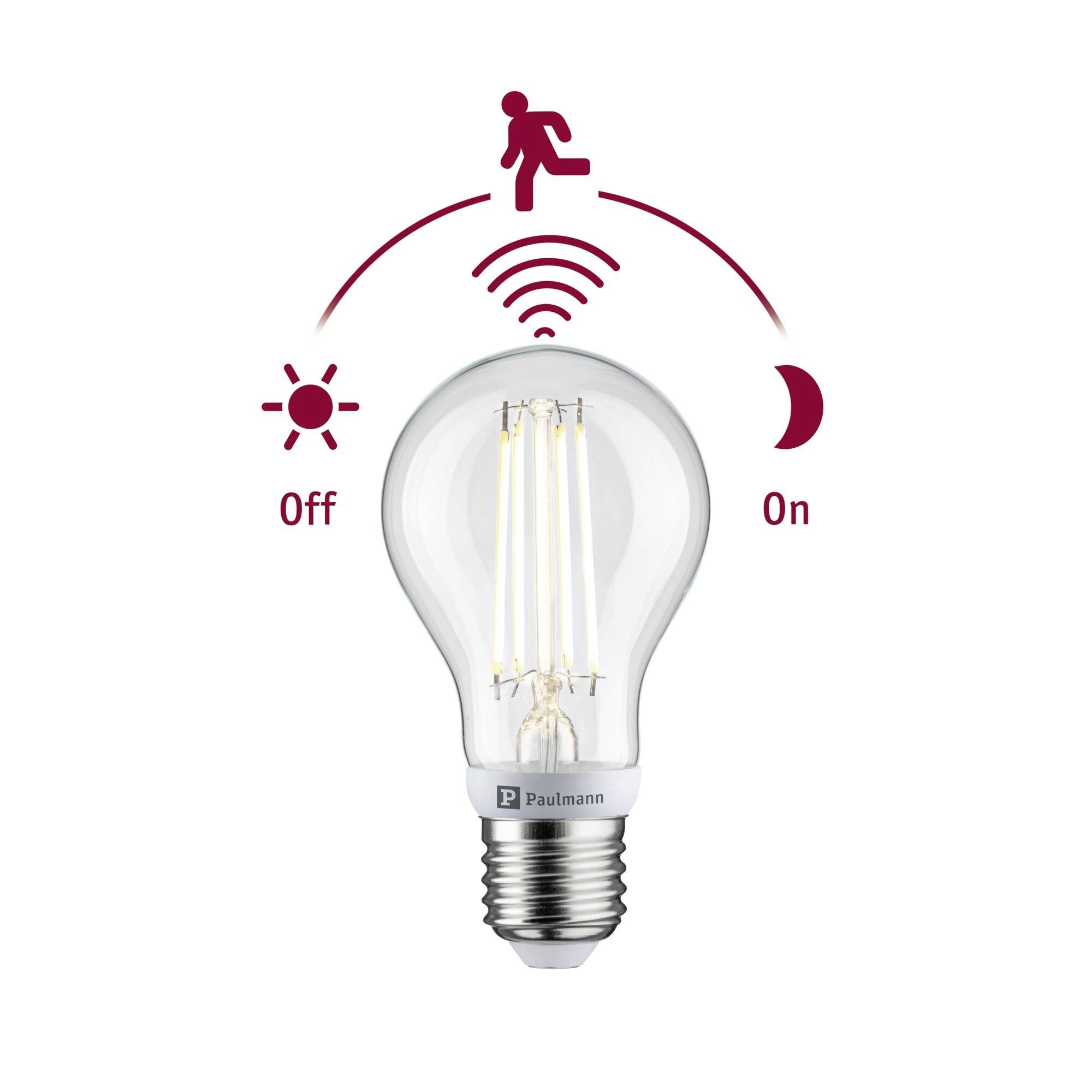 Illustratie van een slimme gloeilamp met bewegingssensorpictogram erboven en dag/nacht-labels die 'Uit' overdag en 'Aan' 's nachts weergeven.