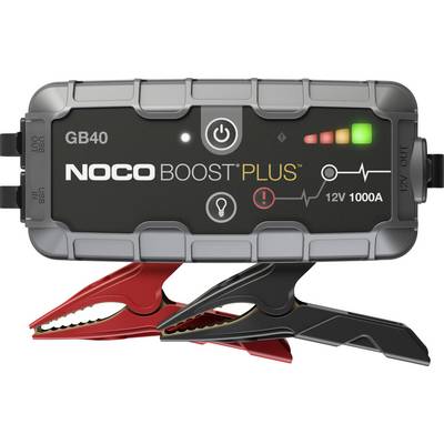 NOCO Boost Plus GB40 draagbare starterbatterij voor auto's met rode en zwarte accuklemmen, indicatorlampjes en 12V 1000A etiket
