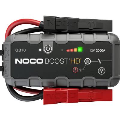 NOCO Boost HD GB70 draagbare jumpstarter met bevestigde rode en zwarte klemmen, aan/uit-knop, batterij-indicator en 12V 2000A-etiket.